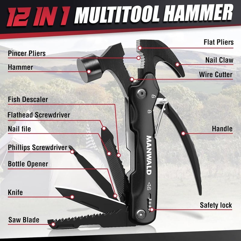MANWALD 12 in 1 Multitool Hammer, Gifts for Dad, Christmas Stocking Stuffers for Men Adults, Camping Accessories Survival Gear, Cool Gadgets Gifts for Men, Husband, Boyfriends, Birthday Gifts for Him - Image 2